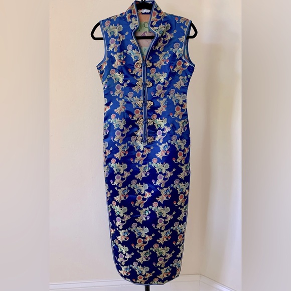 Vintage Qipao Cheongsam Blue Floral Dress Size Medium - Picture 1 of 10